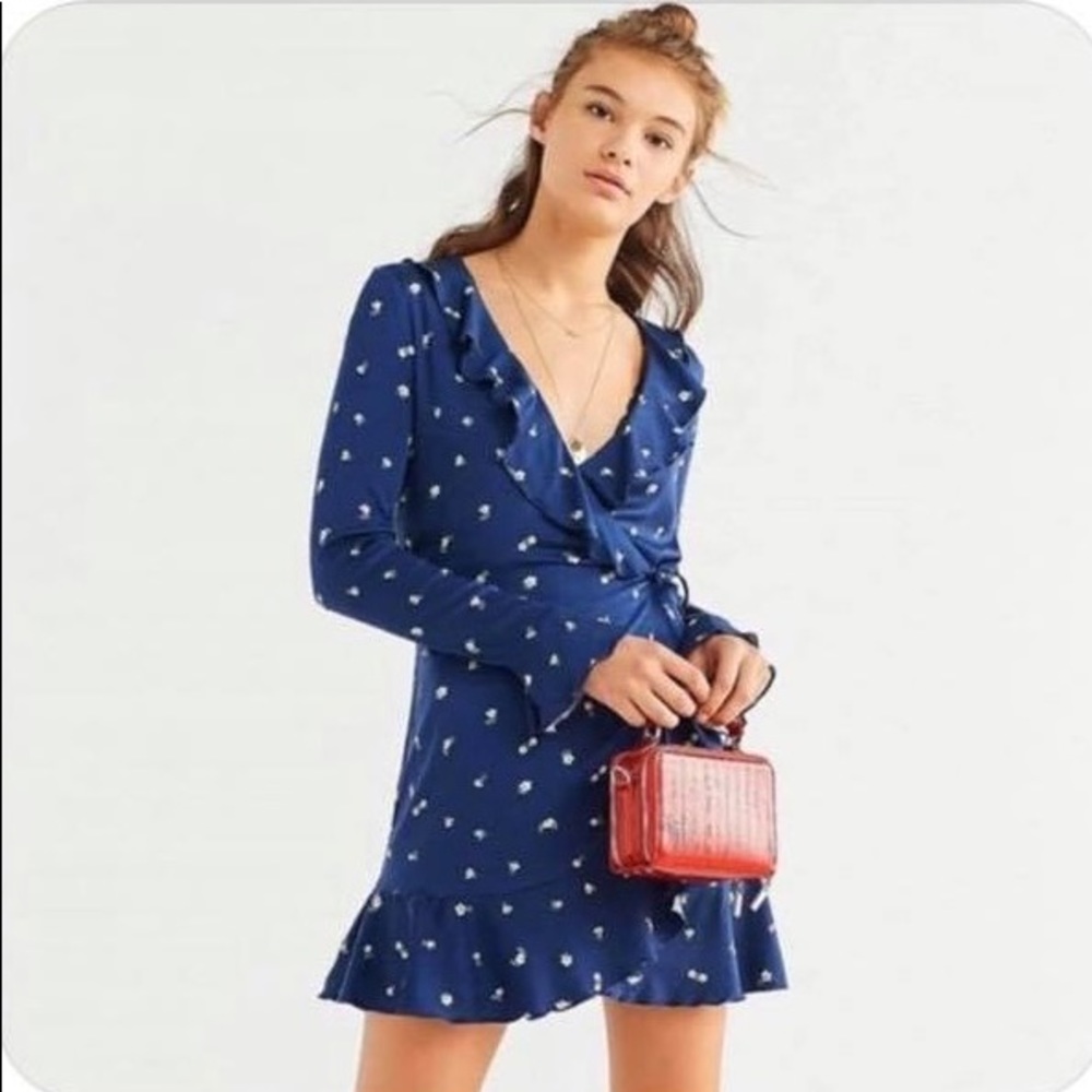 Urban Outfitters blue floral ruffle wrap dress